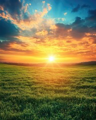 Fototapeta premium Colorful Sunrise over Lush Green Meadow with Blue Sky and Fluffy Clouds