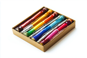 Fototapeta premium Artist's Toolkit: A Set of High-Quality Oil Paints in Metal Tubes, Neatly Arranged in a Wooden Box