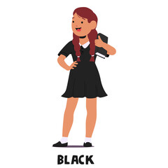 Cartoon Schoolgirl Standing Confidently In Black Uniform Holding A Book. Colorful Vector Illustration For Education