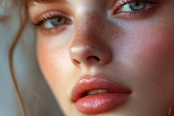 Close-up photo of a beautiful young woman's face with fresh and smooth skin and pink lips with a light background _ smooth skin with skin and body care with generative ai © MUdaylah