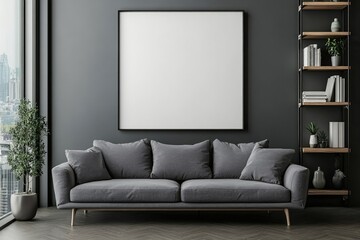 Modern Grey Living Room Interior with Sofa, Shelf, and Mockup Poster Design