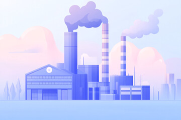 Naklejka premium A futuristic industrial cityscape with several chimneys releasing smoke into the pastel sky creating a soft yet powerful scene