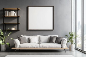 Fototapeta premium Modern Living Room Interior with Grey Sofa, Shelf, and Mockup Poster