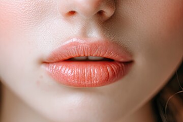 Fototapeta premium Close-up photo of a beautiful young woman's face with fresh and smooth skin and pink lips with a light background _ smooth skin with skin and body care with generative ai