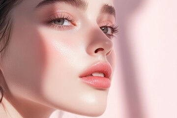 Fototapeta premium Close-up photo of a beautiful young woman's face with fresh and smooth skin and pink lips with a light background _ smooth skin with skin and body care with generative ai