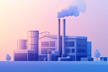Obraz premium An industrial factory with tall chimneys emitting smoke against a backdrop of soft pastel colors creating a calm modern scene 