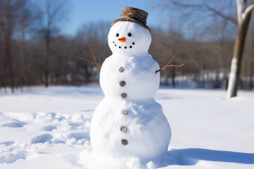 Obraz premium Christmas winter smiling happy snowman frosty snow new year celebration holiday cute decoration greeting december eve face funny white snowball with scarf hat carrot xmas festivity shiny flakes smile