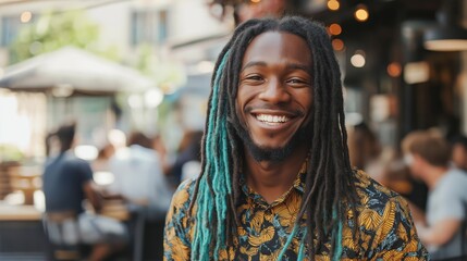 Vibrant Portrait of a Smiling Man with Long, Thick Turquoise Locs for Diverse Multicultural Representation Ideal for Design, Print, Card, or Poster