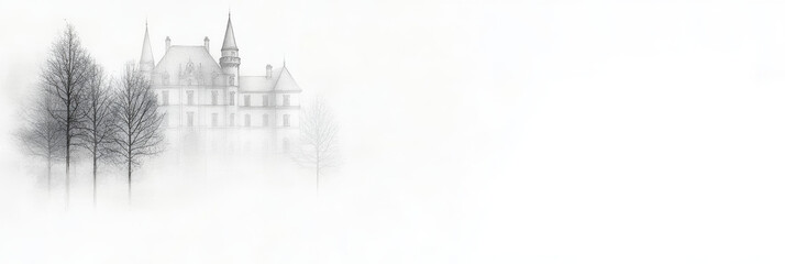 Fototapeta premium A misty morning view of a large house with a tall tower