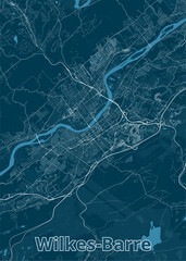 A detailed map of Wilkes-Barre, Pennsylvania, rendered in a minimalist style. The map features a dark blue background with white lines representing roads and waterways.