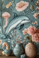 marine life wallpaper, underwater wallpaper featuring dolphins, seahorses, and jellyfish in serene pastel hues for a playful sea life motif