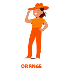 Happy Child Wearing Bright Orange Clothes And Hat Exudes Cheerfulness And Confidence, Standing With A Hand On The Hip