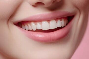 Obraz premium Close-up photo portrait of woman smiling mouth lips teeth isolated on pastel pink colored background with generative ai