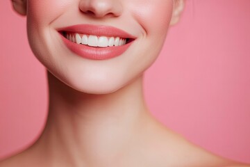 Fototapeta premium Close-up photo portrait of woman smiling mouth lips teeth isolated on pastel pink colored background with generative ai