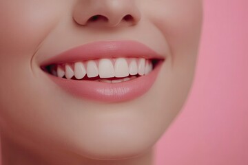 Fototapeta premium Close-up photo portrait of woman smiling mouth lips teeth isolated on pastel pink colored background with generative ai
