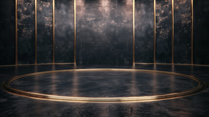Luxury product display showroom on black background with golden lines