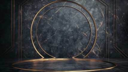 Fototapeta premium Luxury product display showroom on black background with golden lines