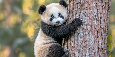 A cute panda cub climbs a tree in a lush environment. The playful pose captures the essence of...