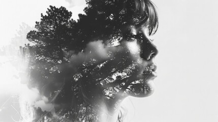 Double exposure portrait of a young woman with trees and sky overlapping her face. Monochromatic image with a dreamlike quality.