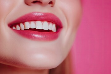 Fototapeta premium Close-up photo portrait of woman smiling mouth lips teeth isolated on pastel pink colored background with generative ai