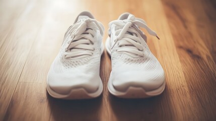 Close-Up of Stylish Running Shoes on Wooden Floor
