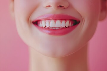 Fototapeta premium Close-up photo portrait of woman smiling mouth lips teeth isolated on pastel pink colored background with generative ai