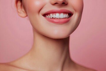 Obraz premium Close-up photo portrait of woman smiling mouth lips teeth isolated on pastel pink colored background with generative ai