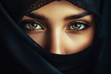 Naklejka premium Close-up portrait of a Muslim woman with beautiful eyes in a hijab on a dark background. A girl in a black headscarf is looking at the camera. with generative ai