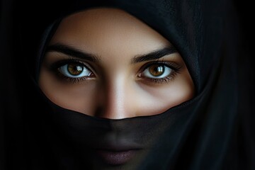 Naklejka premium Close-up portrait of a Muslim woman with beautiful eyes in a hijab on a dark background. A girl in a black headscarf is looking at the camera. with generative ai