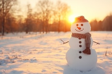 Christmas winter smiling happy snowman frosty snow new year celebration holiday cute decoration greeting december eve face funny white snowball with scarf hat carrot xmas festivity shiny flakes smile