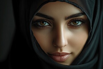 Naklejka premium Close-up portrait of a Muslim woman with beautiful eyes in a hijab on a dark background. A girl in a black headscarf is looking at the camera. with generative ai