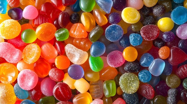 a large group of gummy bears sitting next to each other - a group of jelly beans are mixed in color - a pile of multicolored candy beans are scattered in the image