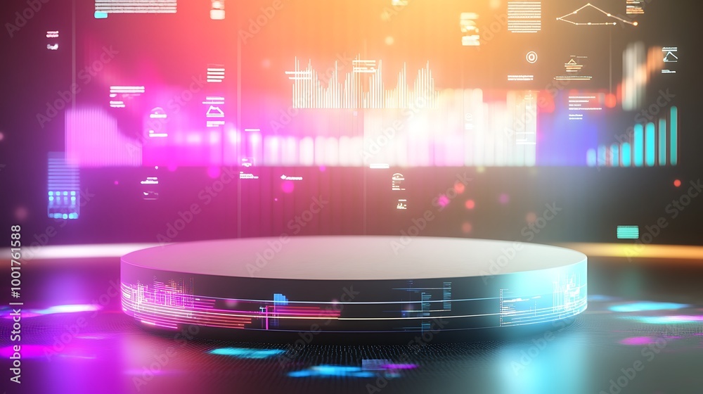 Poster Abstract futuristic background with a round platform and neon lights.