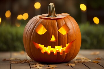 Fototapeta premium Happy Halloween party Jack O Lantern orange pumpkin scary spooky creepy carving evil smile angry face glowing. Trick treat holiday dark mysterious night eerie horror October nightmare decor festival