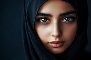 Naklejka premium Close-up portrait of a Muslim woman with beautiful eyes in a hijab on a dark background. A girl in a black headscarf is looking at the camera. with generative ai