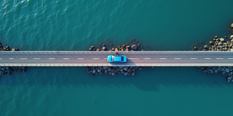 A passenger car drives over a connecting road over a bridge over water on the coast, coastal road by the sea