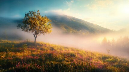 Fototapeta premium A misty mountain covered in fog, with a lone tree standing amidst vibrant grasses and sunlight streaming through in a realistic nature scene
