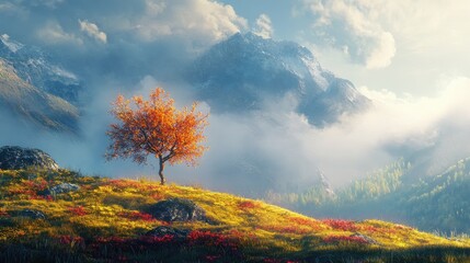 Fototapeta premium A peaceful landscape of a fog-covered mountain, a lone tree, and vibrant grasses glowing in the sunlight, set against a realistic natural backdrop