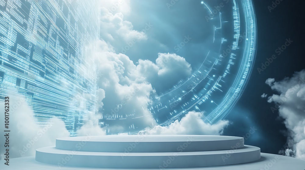 Poster a futuristic, glowing, white podium sits in a cloud-filled sky with a glowing circle and glowing lin