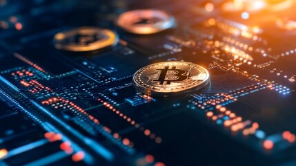 Floating digital currency tokens emit a soft glow, surrounded by intricate circuit patterns on a dark blue background, highlighting blockchain technology