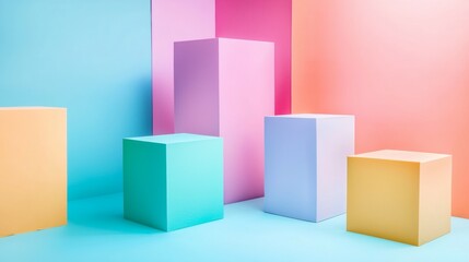 Colorful pastel geometric shapes in a minimalist scene