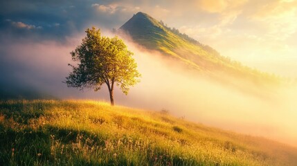 Fototapeta premium Beautiful foggy mountain with a solitary tree and sun-drenched vibrant grasses, set against a realistic natural backdrop of mist and light