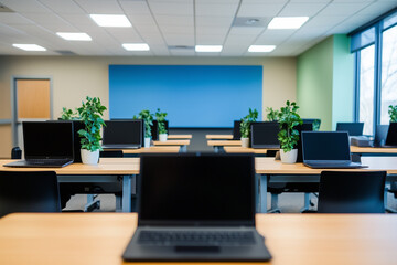 Fototapeta premium Effective Agent Training: A Call Centre Training Room with Desks, Laptops, and Presentation Equipment for Comprehensive Learning