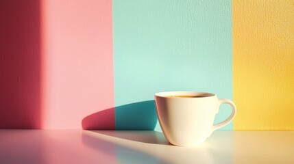 White ceramic coffee cup against pastel wall with sunlight