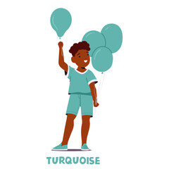 Happy Child In A Turquoise Outfit Holds Balloons With A Playful Smile Representing Joy And Innocence