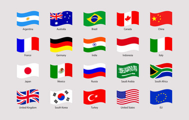 G20 flag vector illustration. USA ,Canada, France, Germany, Italy, Japan, UK, EU, China. Official national symbols with members countries names. The Group of Twenty official waved icons