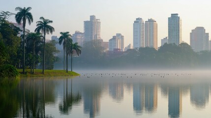 A calm lake with palm trees in the foreground and a cityscape in the background, with fog rolling over the water.