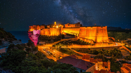 Close up Landscape with Bonifacio at night time, Corsica island, France Europe 