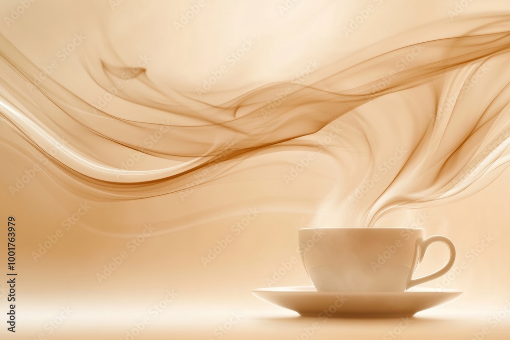 Poster Abstract swirling steam rises elegantly from an invisible coffee cup, creating an inviting atmosphere in a cozy setting. Generative AI