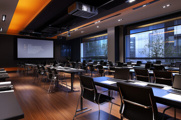 Collaborative Learning Space: A Modern Call Centre Training Room with Desks, Laptops, and Interactive Whiteboards for Effective Training